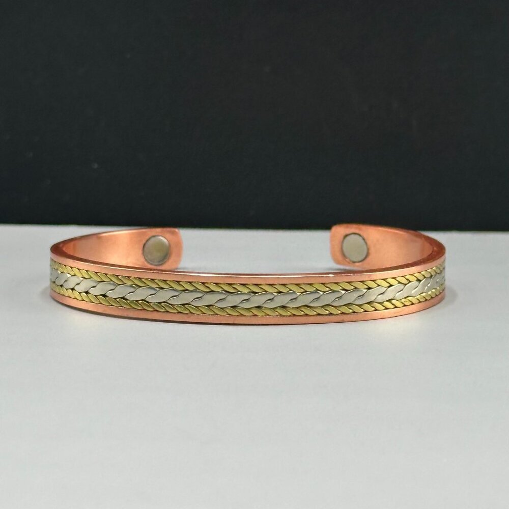 3/$30 Copper Magnetic Cuff Bracelet Tri-Color Braided Inlay Open Bangle 7"